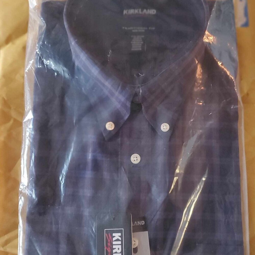 Men's Dress Shirt 17.5x32/33 Brown/Blue Plaid NEW w/Tags Kirkland Signature
